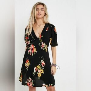 Free People Women's 2 Black Combo Neon Garden Puff Sleeve Mini Dress New